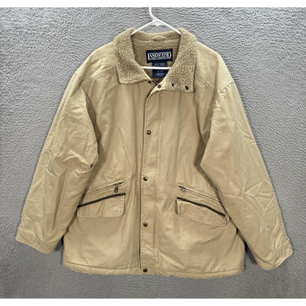 Vintage Lands End Jacket Adult Large Tan Canvas Fleece Lined Workwear Chore Barn